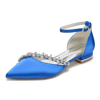 Zapatos de boda con correa en el tobillo y diamantes de imitación planos con punta en punta azul real