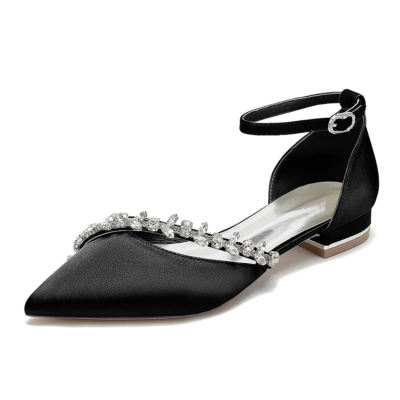 Zapatos de boda con correa en el tobillo y diamantes de imitación planos con punta en punta negra