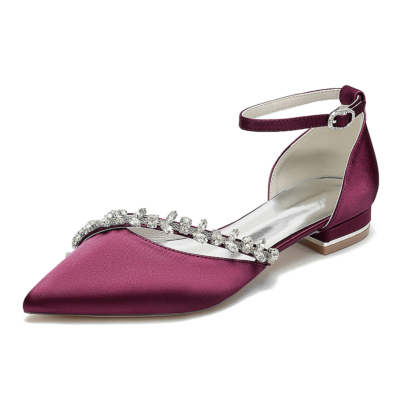 Zapatos de boda con correa en el tobillo y diamantes de imitación planos con punta en punta color burdeos