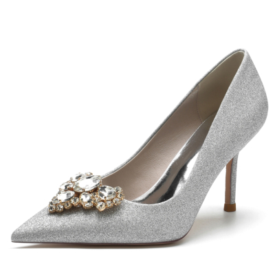 Zapatos de tacón con purpurina y punta en punta Zapatos de fiesta con diamantes de imitación