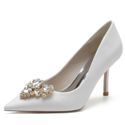 Zapatos de tacón con purpurina y punta en punta blanca Zapatos de fiesta con diamantes de imitación