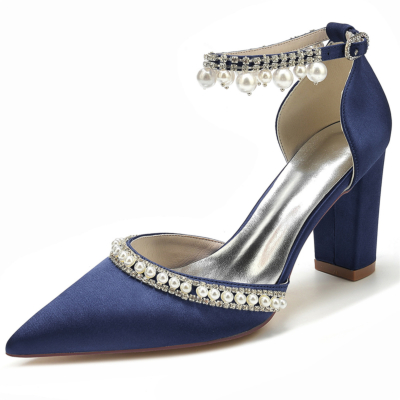 Zapatos de boda con tacón grueso y correa en el tobillo con diamantes de imitación y perlas en punta azul marino