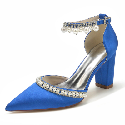 Zapatos de boda con tacón grueso y correa en el tobillo con diamantes de imitación y perlas en punta azul real