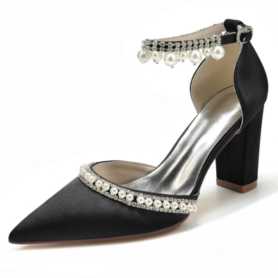 Zapatos de boda negros con puntera puntiaguda y diamantes de imitación con correa en el tobillo y tacón grueso