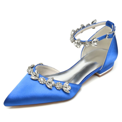 Zapatos planos de boda con correa en el tobillo y diamantes de imitación en punta azul real