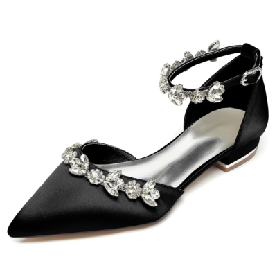 Zapatos planos de boda con correa en el tobillo y diamantes de imitación en punta negra