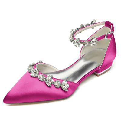 Zapatos planos de boda con correa en el tobillo y diamantes de imitación en punta magenta