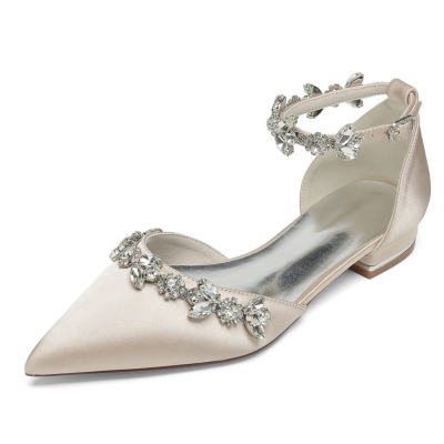 Zapatos planos de boda con correa en el tobillo y diamantes de imitación en punta Champange