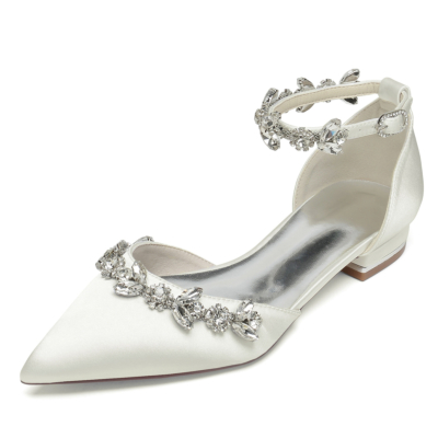 Zapatos planos de boda con correa en el tobillo y diamantes de imitación en punta en color marfil