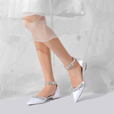Zapatos planos de boda con correa en el tobillo y diamantes de imitación en punta, color blanco