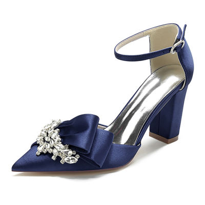 Sandalias de tacón con correa en el tobillo de satén con lazo de diamantes de imitación y punta en punta azul marino, zapatos de boda