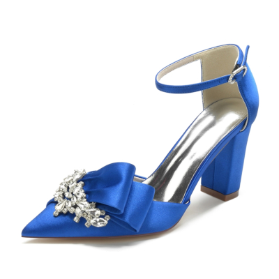 Sandalias de tacón con correa en el tobillo de satén con lazo de diamantes de imitación en punta azul real, zapatos de boda