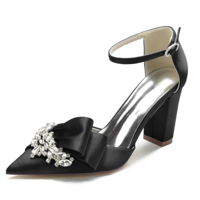 Sandalias de tacón con correa en el tobillo de satén con lazo de diamantes de imitación y punta estrecha, zapatos de boda