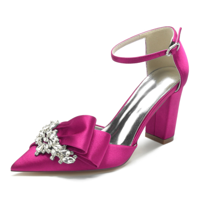 Sandalias de tacón con correa en el tobillo de satén con lazo de diamantes de imitación y punta estrecha magenta, zapatos de boda