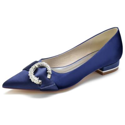 Zapatos planos de satén con hebilla lateral y diamantes de imitación en punta azul marino para el trabajo