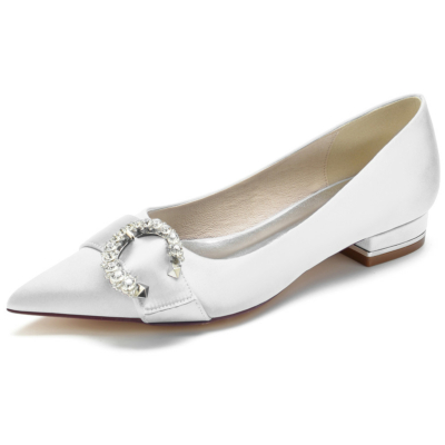 Zapatos planos de satén con hebilla lateral y diamantes de imitación en punta blanca para el trabajo