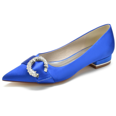 Zapatos planos de satén con hebilla lateral y diamantes de imitación en punta azul real para el trabajo