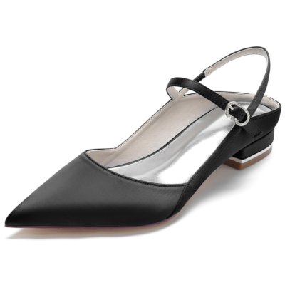 Zapatos planos de satén con punta en punta y hebilla de correa en el tobillo sin respaldo negro