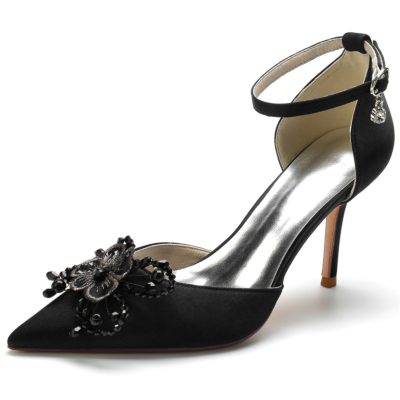 Zapatos de boda de tacón de aguja con punta en punta y flores negras