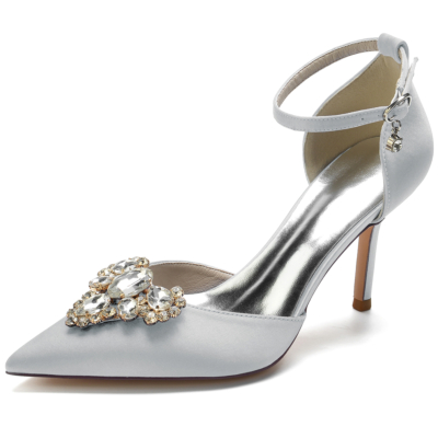 Zapatos de tacón con correa en el tobillo con diamantes de imitación y punta de aguja plateada para boda