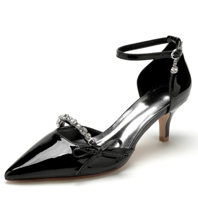 Zapatos de tacón puntiagudos negros sin cordones D'orsay con correa con lazo enjoyado