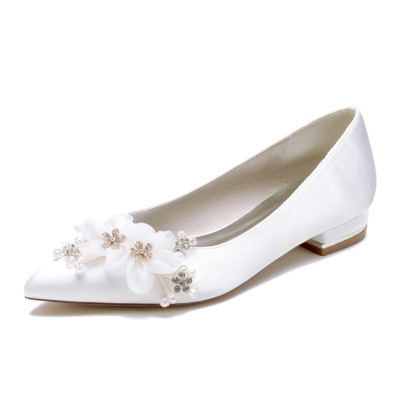 Zapatos de boda de flores de encaje plano con punta ponitada blanca