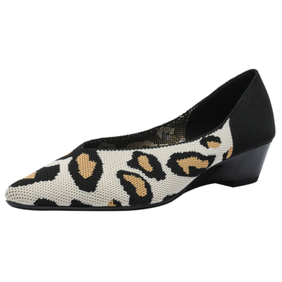 Bombas con estampado de leopardo Cuñas Punta estrecha Cómodos tacones bajos Zapatos de mujer