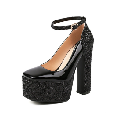 Zapatos de baile negros con plataforma y punta cuadrada de PU y brillo