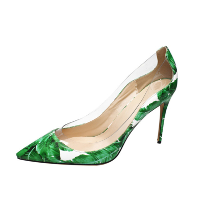 Cuero de PU verde y zapatos de mujer transparentes Punta puntiaguda Bomba transparente Tacones de aguja de 4 pulgadas