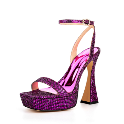 Sandalias de plataforma con tacón de carrete y purpurina morada, punta cuadrada, correa en el tobillo, tacones altos