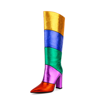 Botines hasta la rodilla de tacón grueso con punta en punta metalizada de colores del arcoíris