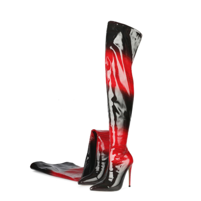 Botas de tacón en rojo y negro Botas por encima de la rodilla con cremallera de pantorrilla ancha