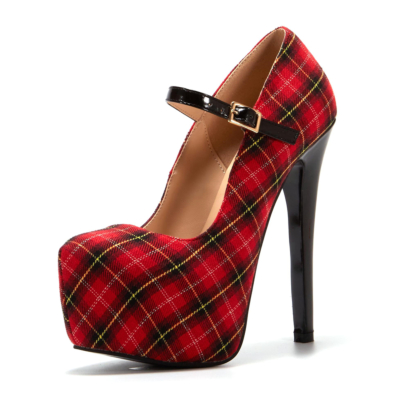 Zapatos de tacón de aguja con plataforma de tela escocesa roja Zapatos de tacón alto con correa de hebilla