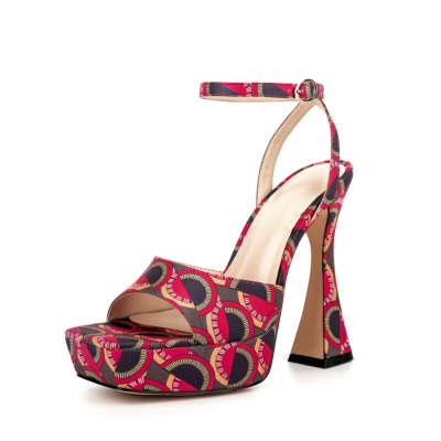 Sandalias de plataforma con patrón rojo Zapatos de fiesta con correa en el tobillo y punta cuadrada con tacón de carrete