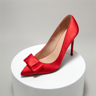 Satén rojo lazo nupcial punta puntiaguda Stiletto damas zapatos de boda bombas