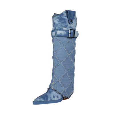 Botas vaqueras retro azules plegables con punta puntiaguda y tacón en bloque hasta la rodilla