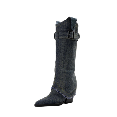 Botas vaqueras retro azul oscuro con pliegues sobre botas de vaquero con punta en punta y tacón en bloque hasta la rodilla