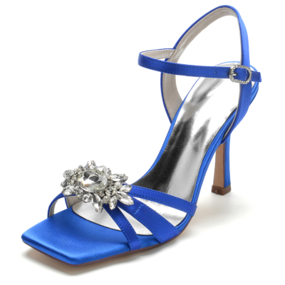 Sandalias de fiesta de diamantes de imitación azul real Sandalias de correa de tobillo con tacón de aguja