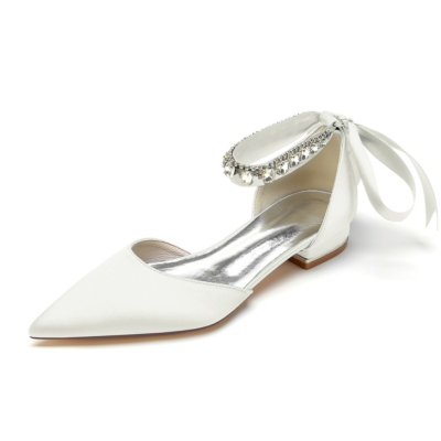 Zapatos planos Satim D'orsay con lazo en la espalda y correa en el tobillo con diamantes de imitación marfil