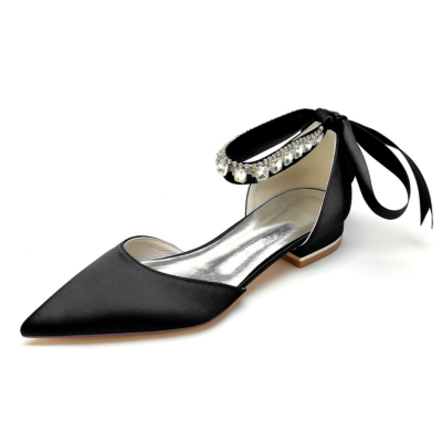 Zapatos planos de Satim D'orsay con correa en el tobillo y lazo en la espalda con diamantes de imitación negros