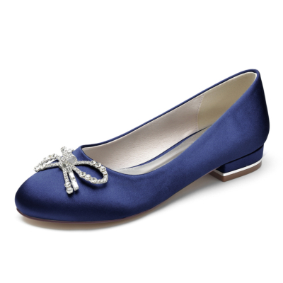 Zapatos planos de ballet de satén con punta redonda y lazo de diamantes de imitación azul marino