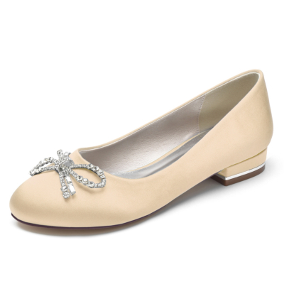 Zapatos planos de ballet de satén con punta redonda y lazo de diamantes de imitación Champange