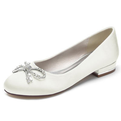 Zapatos planos de ballet de satén con punta redonda y lazo de diamantes de imitación beige