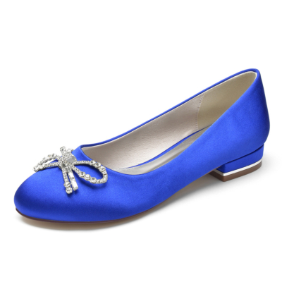 Zapatos planos de ballet de satén con punta redonda y lazo de diamantes de imitación en azul real