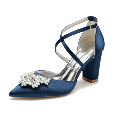 Tacones de novia con diamantes de imitación azul marino Zapatos de tacón grueso con tiras cruzadas