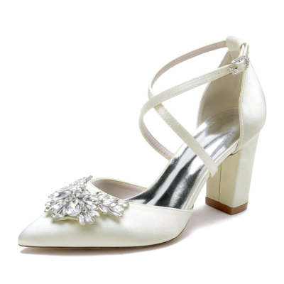 Tacones de novia con diamantes de imitación de color marfil, zapatos de tacón grueso con tiras cruzadas