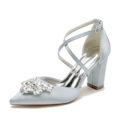 Tacones de novia con diamantes de imitación plateados Zapatos de tacón grueso con tiras cruzadas