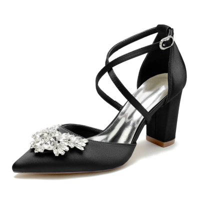 Tacones de novia con diamantes de imitación negros Zapatos de tacón grueso con tiras cruzadas