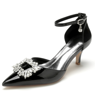 Zapatos de vestir de trabajo cómodos con tacones de gatito D'orsay con correa en el tobillo con hebilla de diamantes de imitación negros