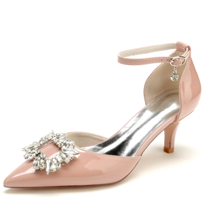 Zapatos de vestir de trabajo cómodos con tacones de gatito D'orsay con correa en el tobillo con hebilla de diamantes de imitación rosa